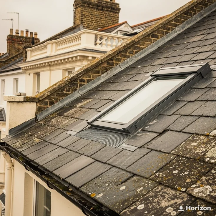 Roof window in a mossy slate roof on a cream terrace with a grand house behind.