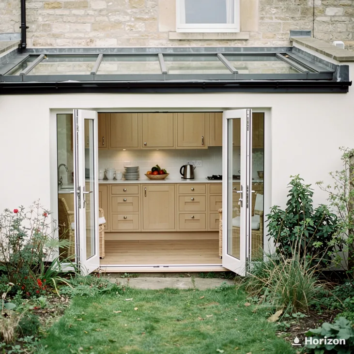 Open French doors leading from a lawn into a kitchen extension with a glazed roof.