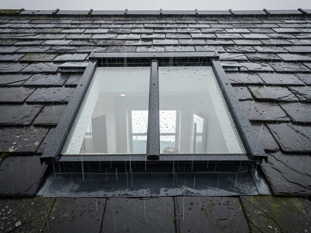 A slim black conservation rooflight with a vertical glazing bar in an old Welsh slate roof, rain on glass