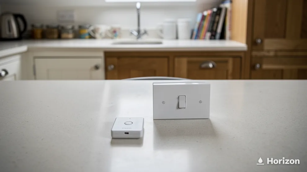 White wall switch and a small control box on a kitchen worktop.