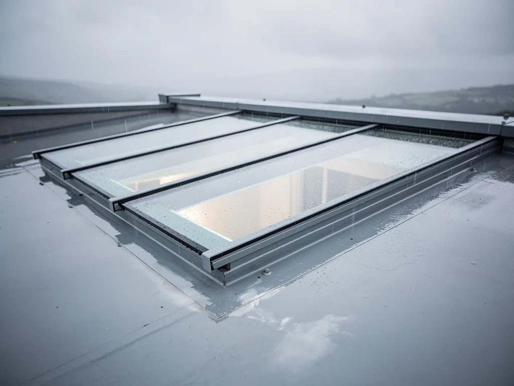 A triple-glazed flat rooflight edge, three panes visible, rain on the glass
