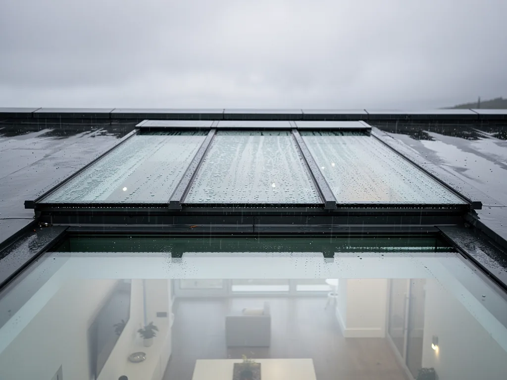 A triple-glazed flat rooflight edge, three panes visible, rain on the glass