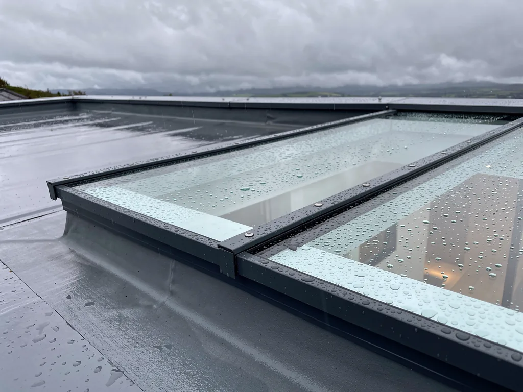 Close view of a triple-glazed flat rooflight edge on a kerb, rain droplets on the outer pane, cool grey light