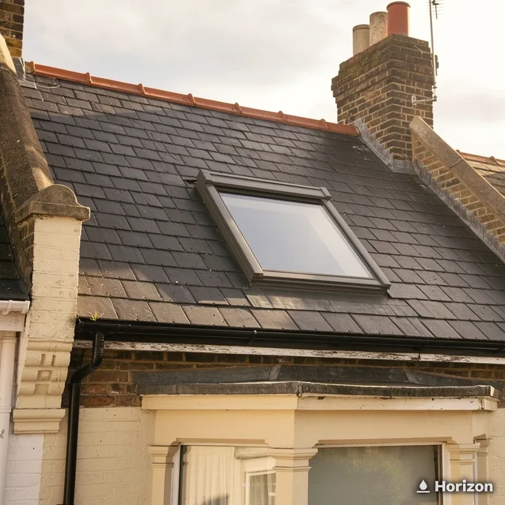 Roof window in a slate roof beside a brick chimney stack above a cream house.