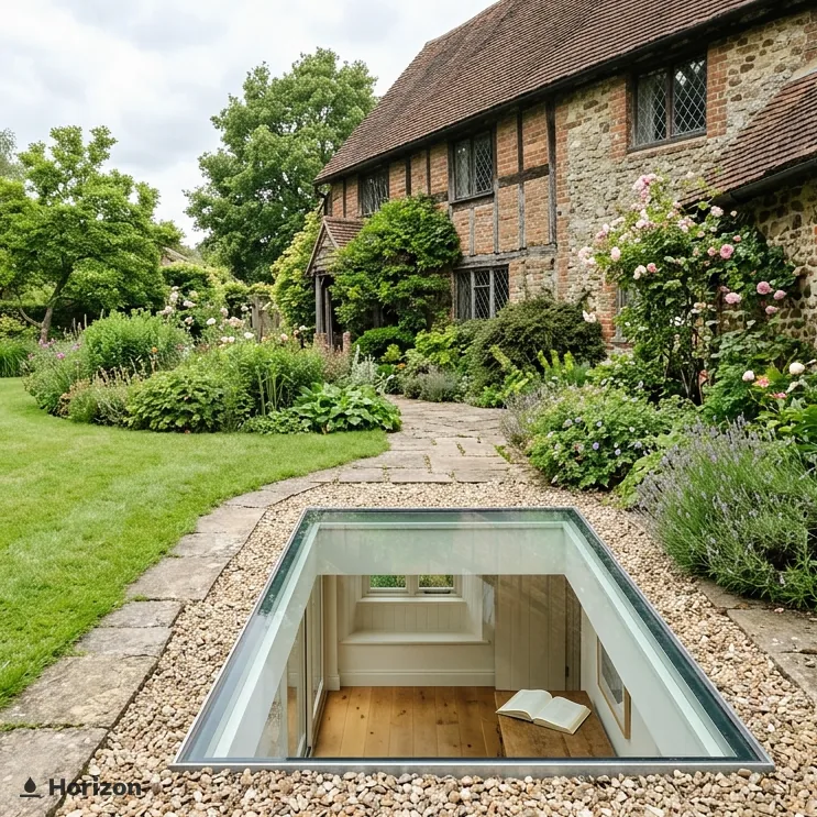 Walk-on glass panel in a gravel garden path, showing a room below, by a brick cottage.