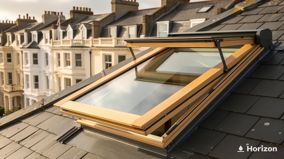 Open timber roof window in a slate roof with rows of cream terraced houses beyond.