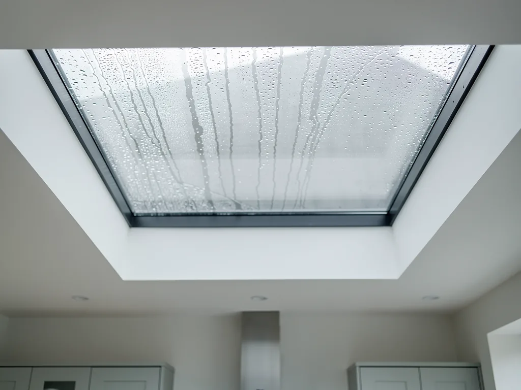 A flat rooflight over a bright kitchen, looking up through the glass, rain on the glass