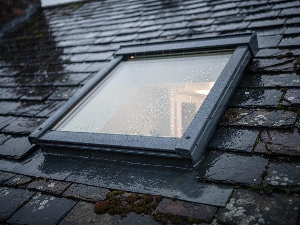An old weathered roof window in a wet slate roof of a Welsh terrace