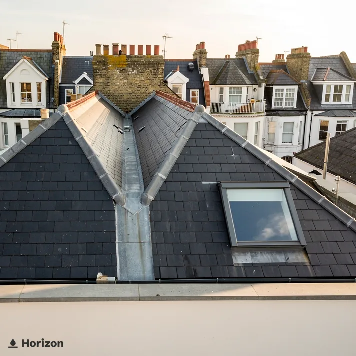Slate roofs meeting at a lead valley with a roof window and terraces beyond.
