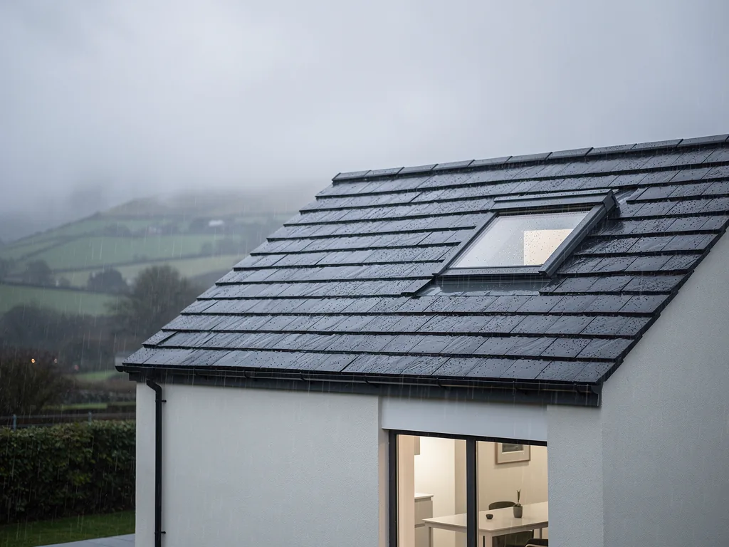 A render semi with a roof window on the rear slope, wet slates, hills in mist behind