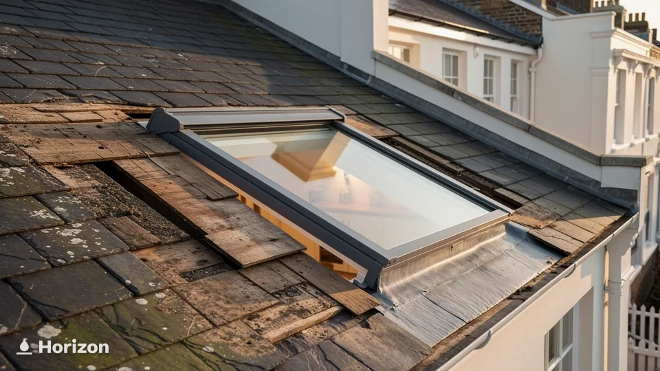 Roof window in a slate roof with slates stripped back around it, exposing the battens.