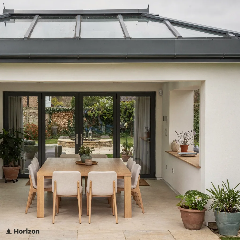 Rear extension with a roof lantern over a dining table, open bifold doors and a paved patio.