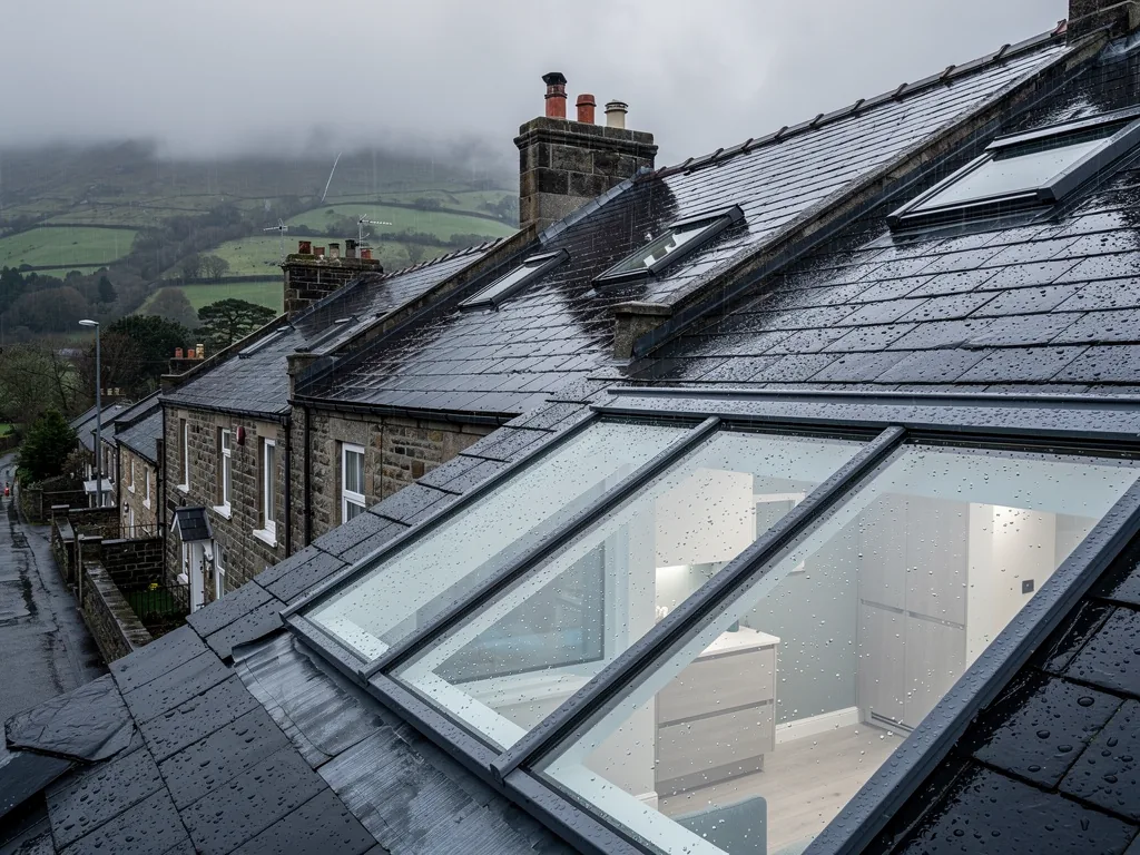A stone terrace street on a slope, roof windows in wet slate, low cloud on the hills