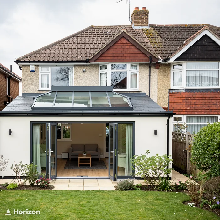 Rear of a semi-detached house with a lantern roofed extension, open doors and a lawn.