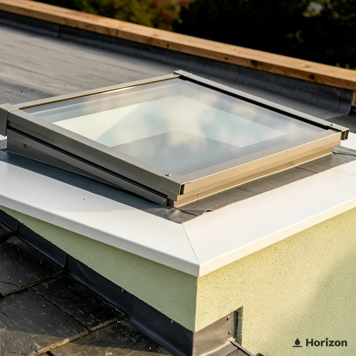 Flat rooflight on a plastered upstand with moss creeping along the roof edge.