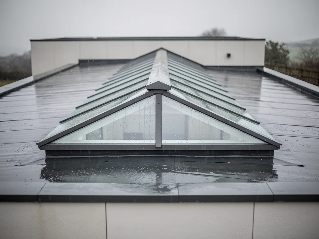 A long rectangular pitched roof lantern with a central ridge on a flat roof, seen from the garden, rain on