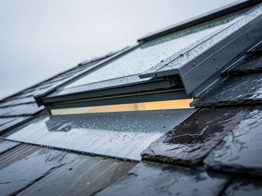 Close detail of a roof window frame and flashing on wet slate
