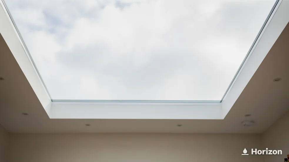 Clouds seen through a rooflight framed by a crisp white ceiling reveal.