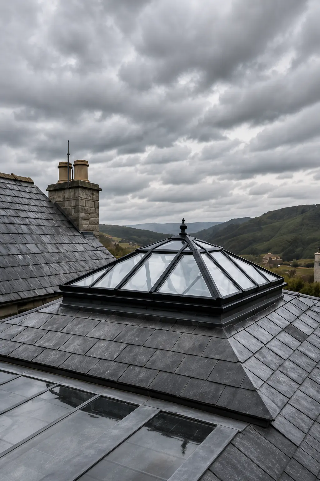 A roof lantern with dark frames set into a wet slate roof, grey cloud and green valley hills behind